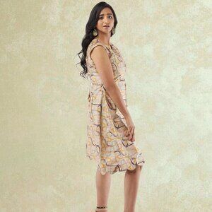 Cream Geometric Print Raw Silk Dress | Muvvas Boutique